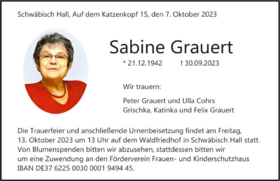 Traueranzeige von Sabine Grauert von GESAMT