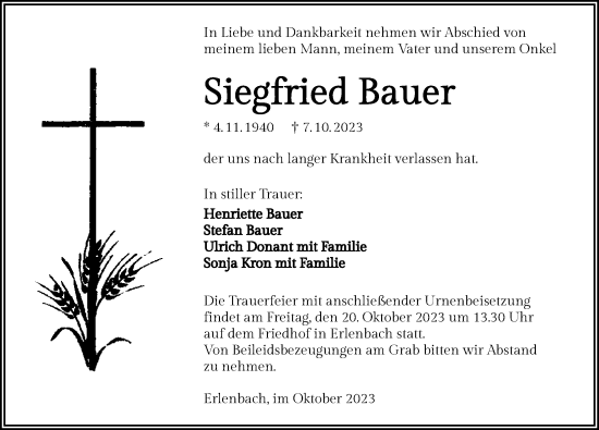 Traueranzeige von Siegfried Bauer von GESAMT
