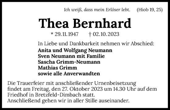 Traueranzeige von Thea Bernhard von GESAMT