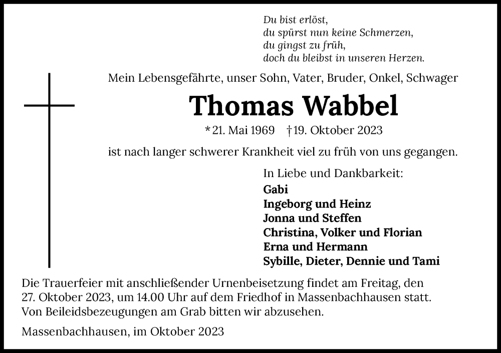  Traueranzeige für Thomas Wabbel vom 24.10.2023 aus GESAMT