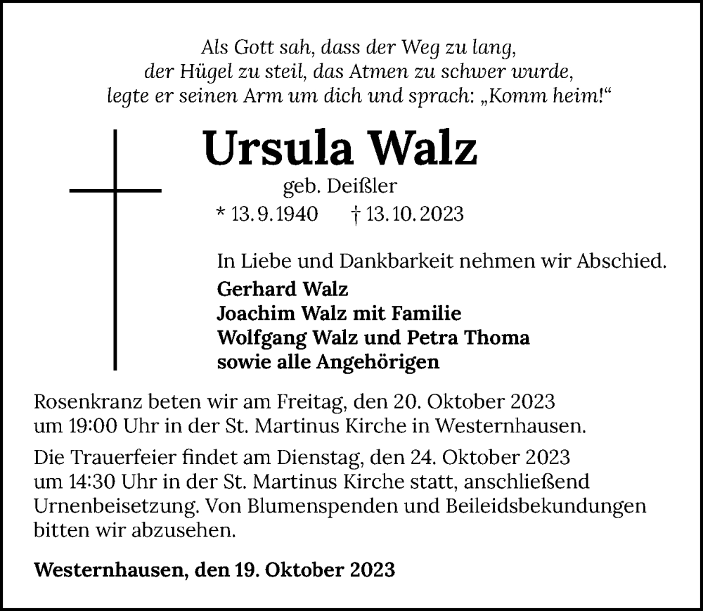  Traueranzeige für Ursula Walz vom 19.10.2023 aus GESAMT