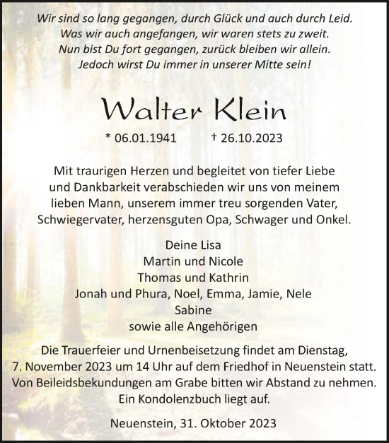 Traueranzeige von Walter Klein von GESAMT