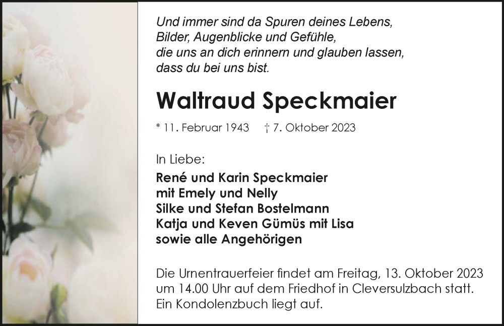  Traueranzeige für Waltraud Speckmaier vom 10.10.2023 aus GESAMT