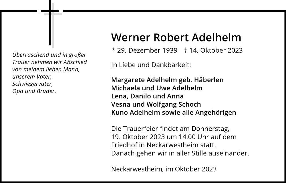  Traueranzeige für Werner Robert Adelhelm vom 18.10.2023 aus GESAMT