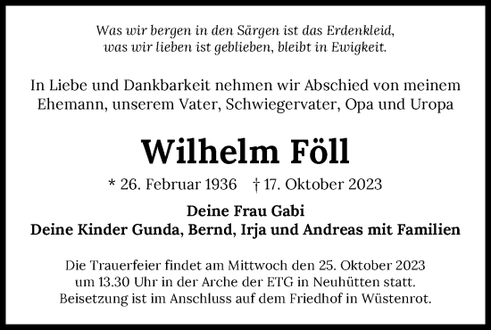 Traueranzeige von Wilhelm Föll von GESAMT