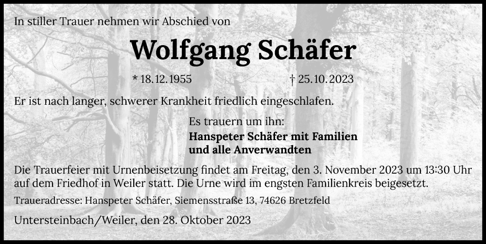  Traueranzeige für Wolfgang Schäfer vom 28.10.2023 aus GESAMT
