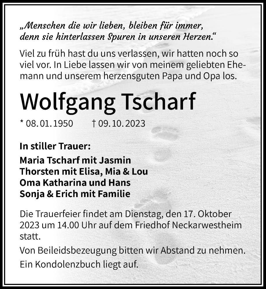  Traueranzeige für Wolfgang Tscharf vom 11.10.2023 aus GESAMT