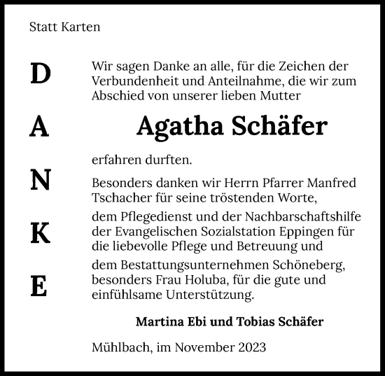 Traueranzeige von Agatha Schäfer von GESAMT