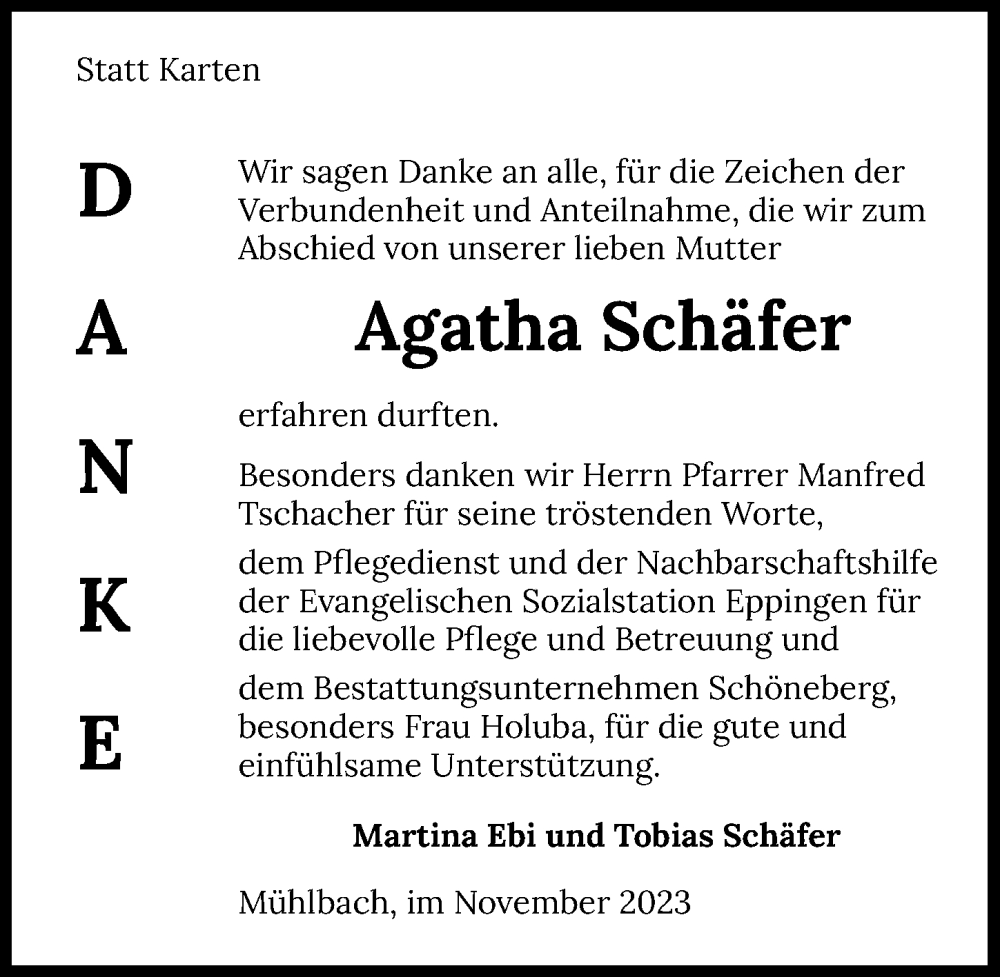 Traueranzeige für Agatha Schäfer vom 25.11.2023 aus GESAMT