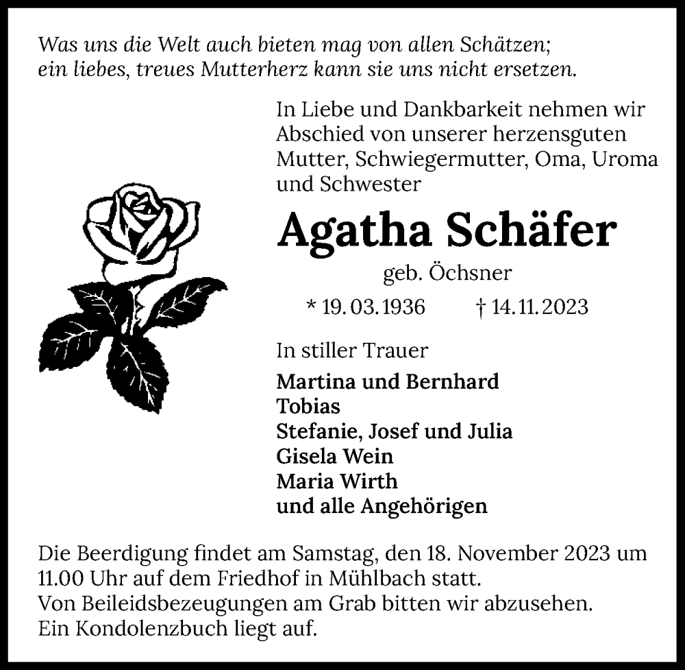  Traueranzeige für Agatha Schäfer vom 16.11.2023 aus GESAMT
