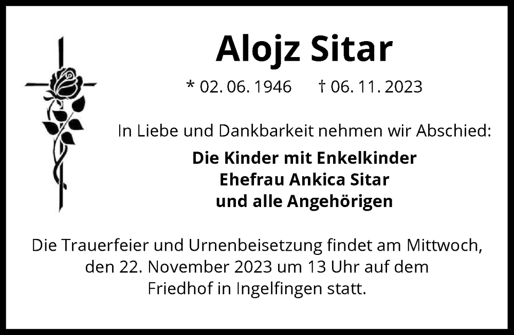  Traueranzeige für Alojz Sitar vom 15.11.2023 aus GESAMT