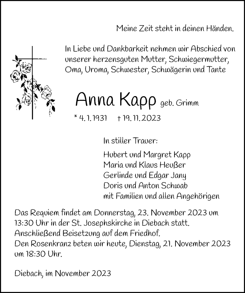  Traueranzeige für Anna Kapp vom 21.11.2023 aus GESAMT