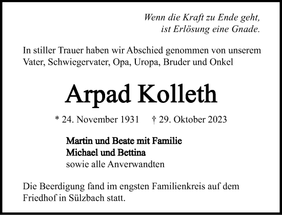 Traueranzeige von Arpad Kolleth von GESAMT
