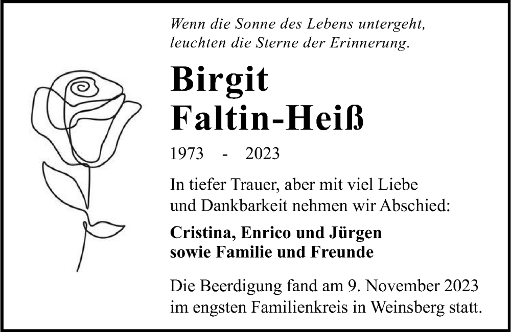 Traueranzeige für Birgit Faltin-Heiß vom 11.11.2023 aus GESAMT