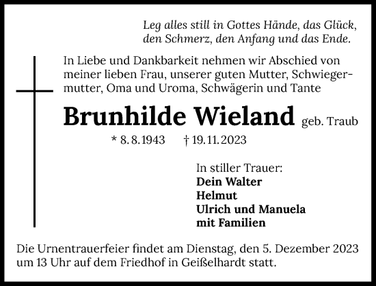 Traueranzeige von Brunhilde Wieland von GESAMT