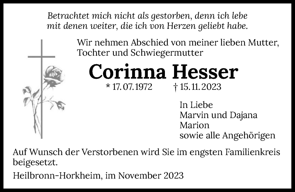  Traueranzeige für Corinna Hesser vom 18.11.2023 aus GESAMT