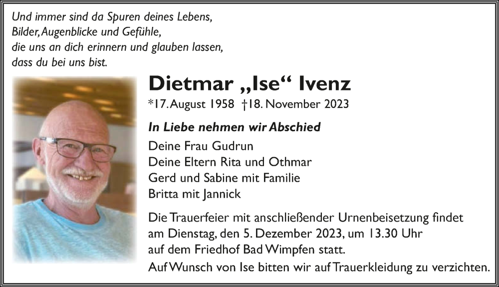  Traueranzeige für Dietmar Ivenz vom 25.11.2023 aus GESAMT
