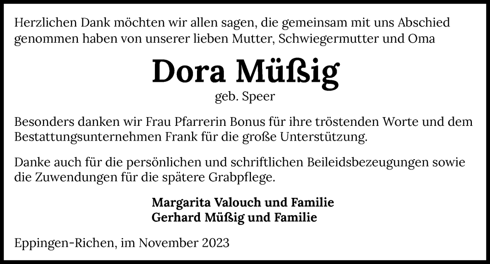  Traueranzeige für Dora Müßig vom 16.11.2023 aus GESAMT