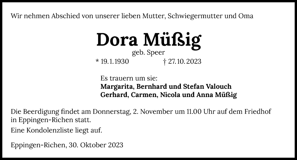  Traueranzeige für Dora Müßig vom 02.11.2023 aus GESAMT