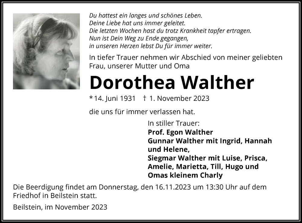  Traueranzeige für Dorothea Walther vom 11.11.2023 aus GESAMT