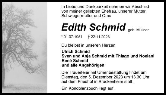 Traueranzeige von Edith Schmid von GESAMT