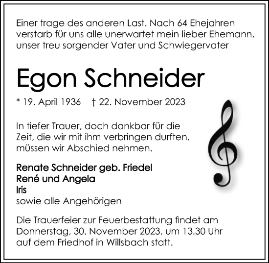 Traueranzeige von Egon Schneider von GESAMT