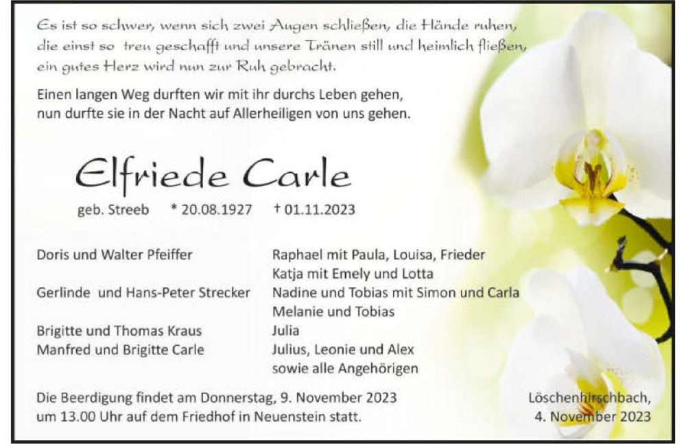  Traueranzeige für Elfriede Carle vom 04.11.2023 aus GESAMT