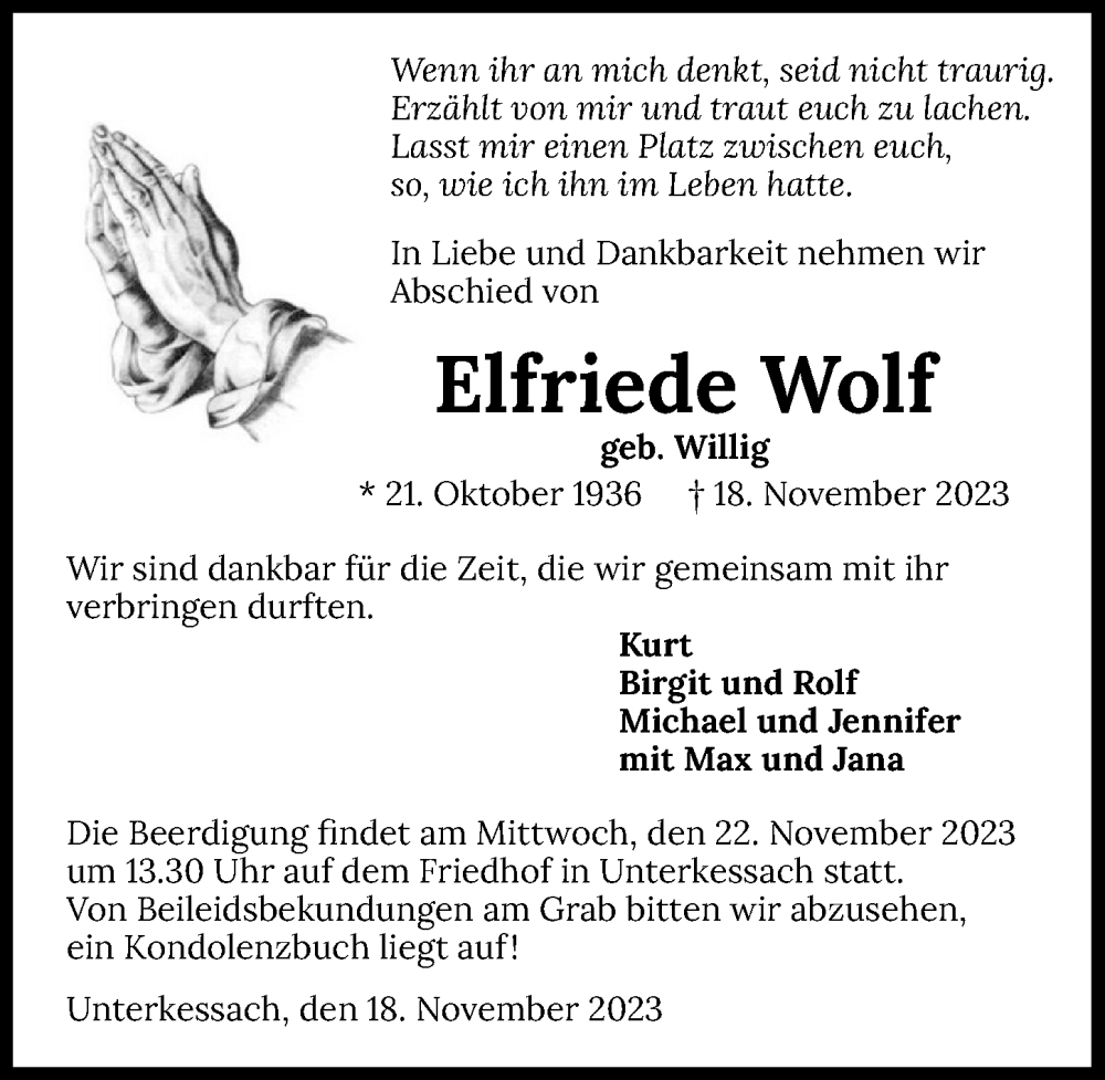  Traueranzeige für Elfriede Wolf vom 21.11.2023 aus GESAMT
