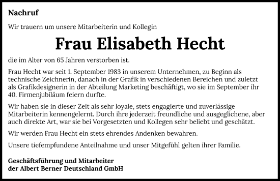 Traueranzeige von Elisabeth Hecht von GESAMT