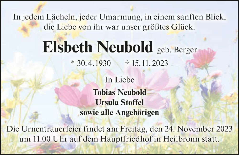  Traueranzeige für Elisabeth Neubold vom 21.11.2023 aus GESAMT