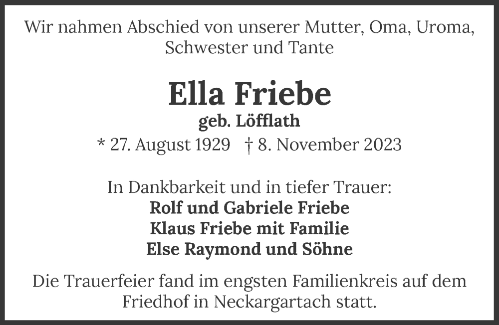  Traueranzeige für Ella Friebe vom 18.11.2023 aus GESAMT