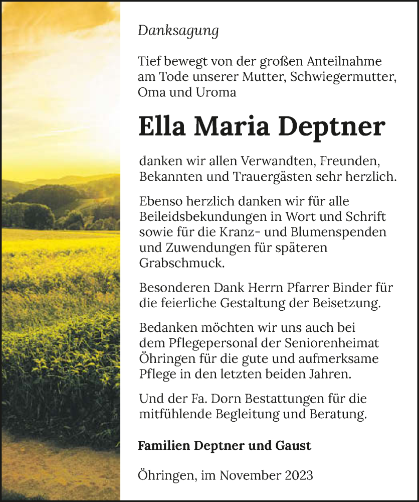  Traueranzeige für Ella Maria Deptner vom 11.11.2023 aus GESAMT