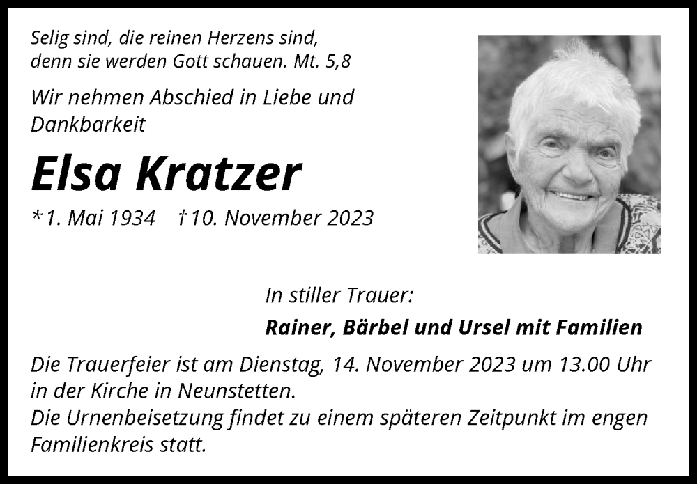  Traueranzeige für Elsa Kratzer vom 14.11.2023 aus GESAMT
