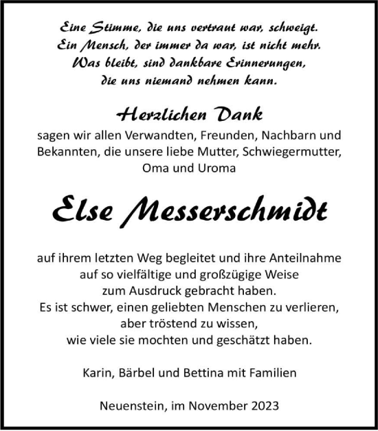 Traueranzeige von Else Messerschmidt von GESAMT