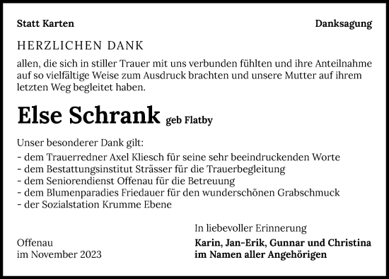 Traueranzeige von Else Schrank von GESAMT