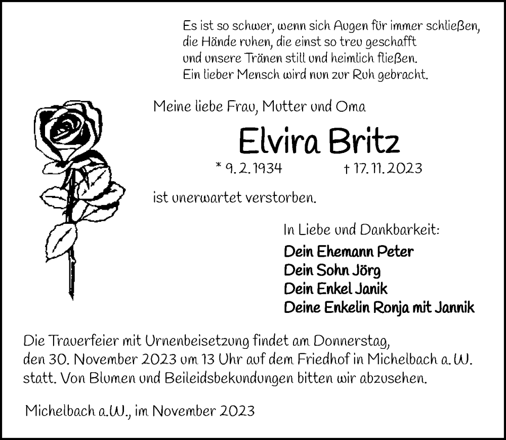  Traueranzeige für Elvira Britz vom 27.11.2023 aus GESAMT
