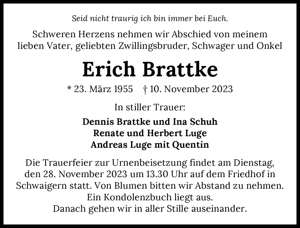  Traueranzeige für Erich Brattke vom 18.11.2023 aus GESAMT