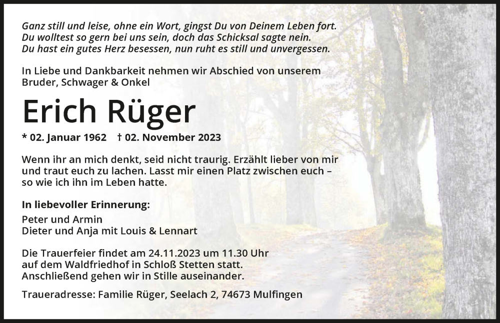  Traueranzeige für Erich Rüger vom 21.11.2023 aus GESAMT
