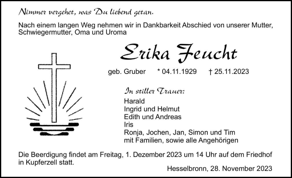  Traueranzeige für Erika Feucht vom 28.11.2023 aus GESAMT