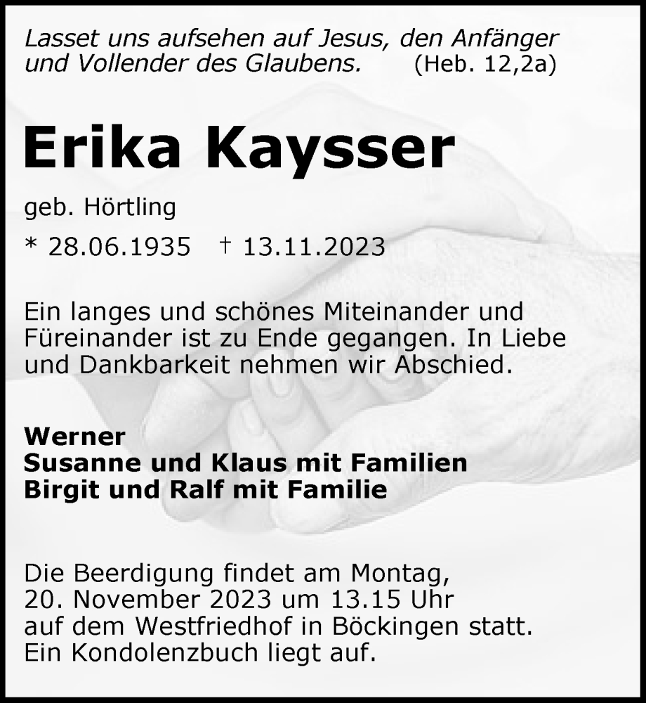  Traueranzeige für Erika Kaysser vom 17.11.2023 aus GESAMT