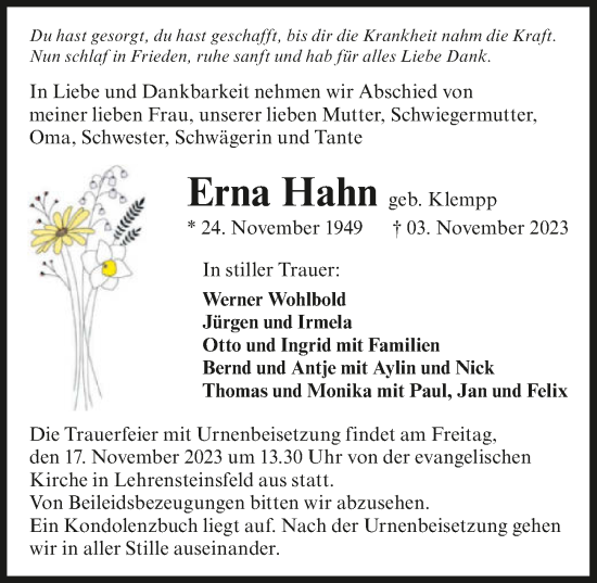 Traueranzeige von Erna Hahn von GESAMT