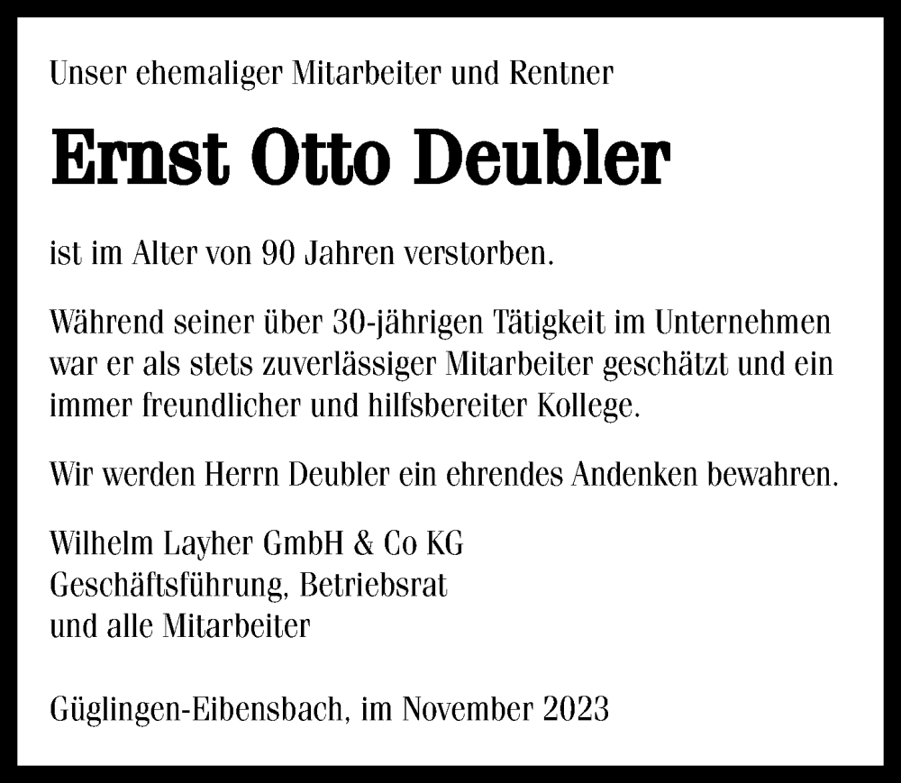  Traueranzeige für Ernst Otto Deubler vom 08.11.2023 aus GESAMT