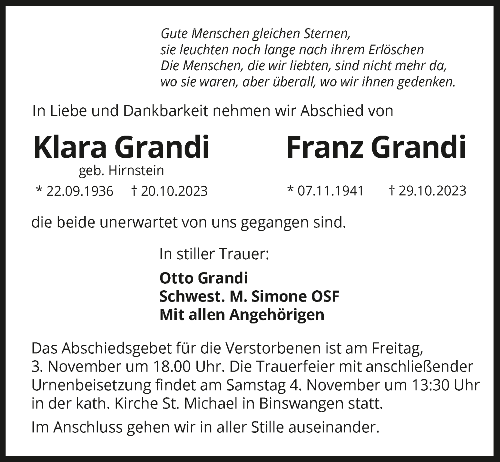  Traueranzeige für Franz Grandi vom 02.11.2023 aus GESAMT