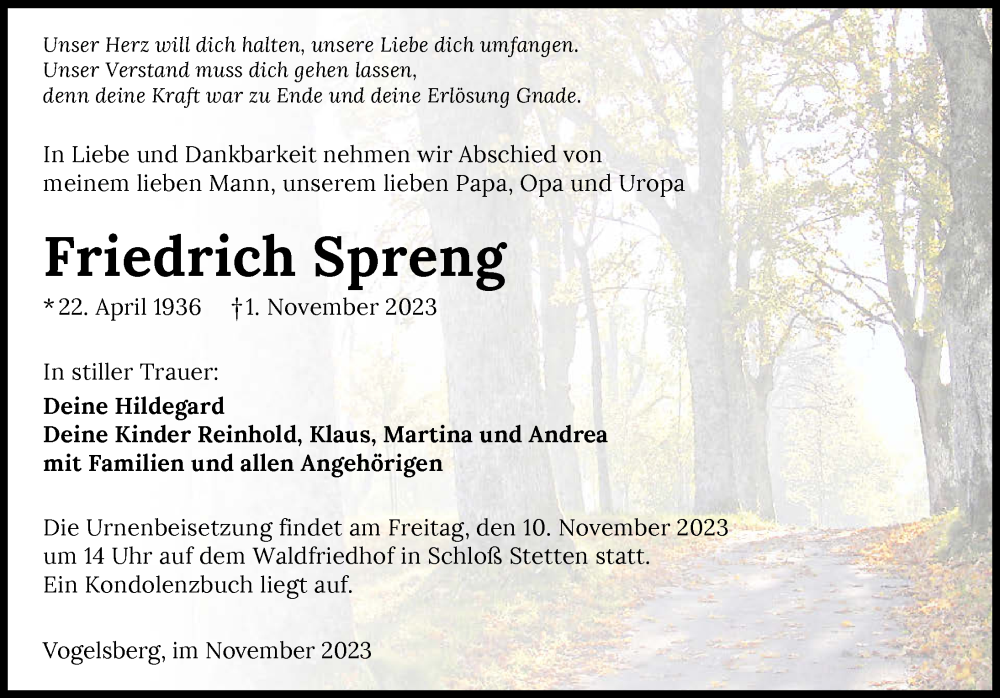  Traueranzeige für Friedrich Spreng vom 08.11.2023 aus GESAMT