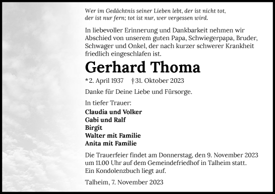 Traueranzeige von Gerhard Thoma von GESAMT