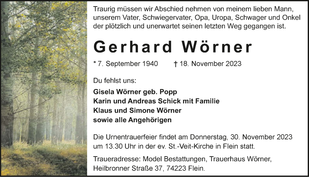  Traueranzeige für Gerhard Wörner vom 25.11.2023 aus GESAMT