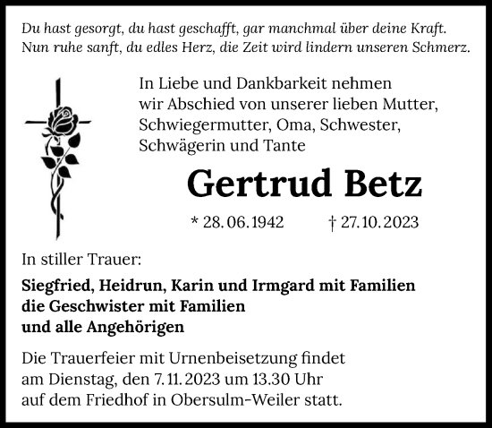 Traueranzeige von Gertrud Betz von GESAMT