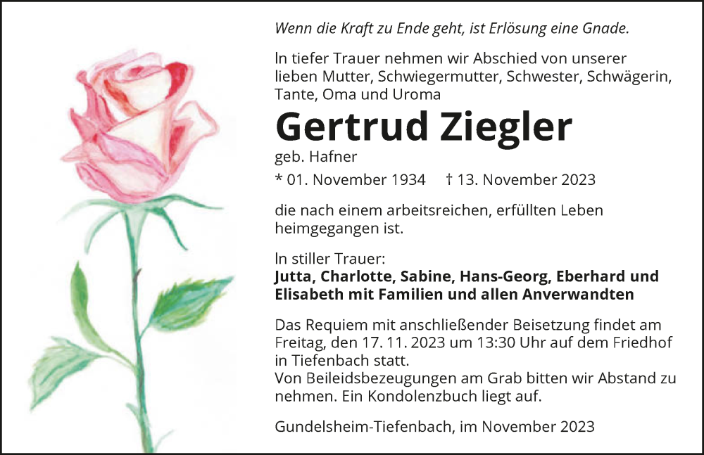  Traueranzeige für Gertrud Ziegler vom 15.11.2023 aus GESAMT