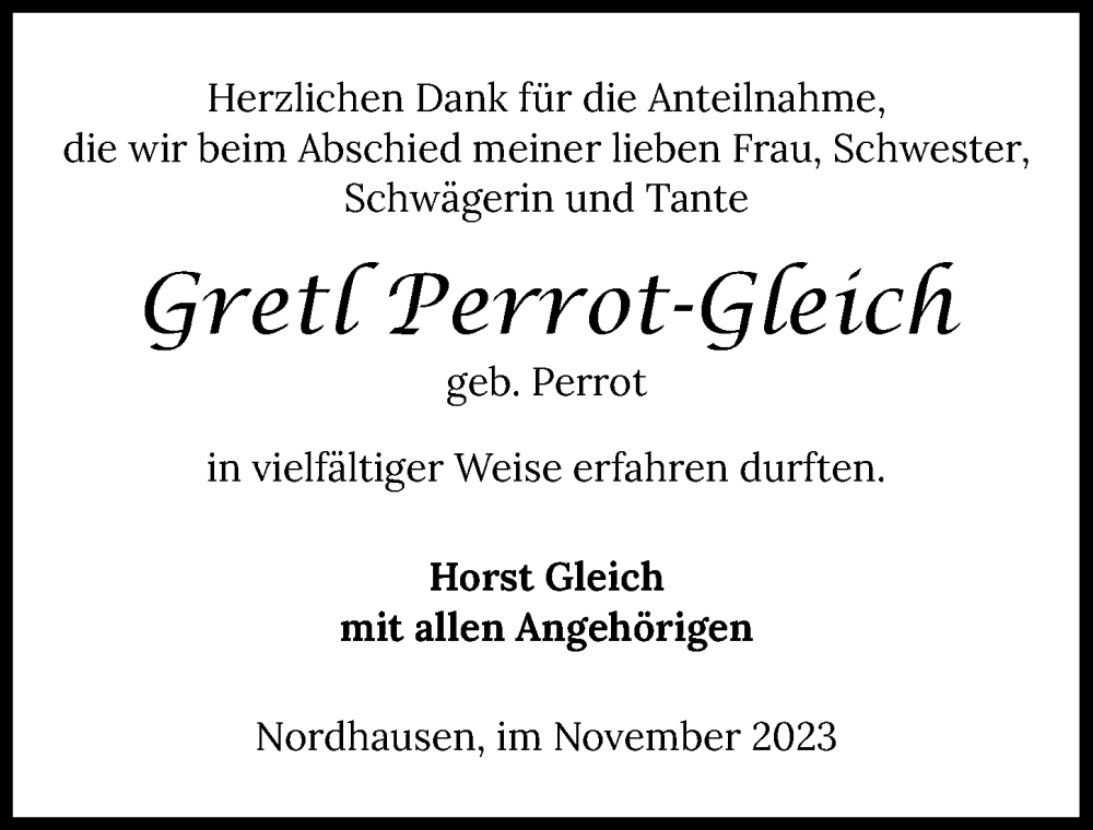  Traueranzeige für Gretl Perrot-Gleich vom 15.11.2023 aus GESAMT