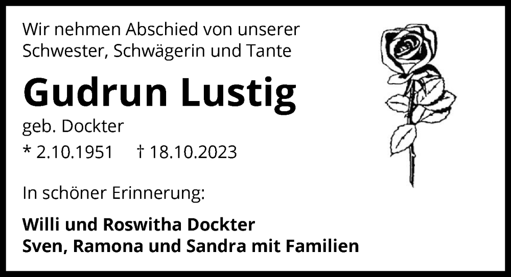  Traueranzeige für Gudrun Lustig vom 04.11.2023 aus GESAMT